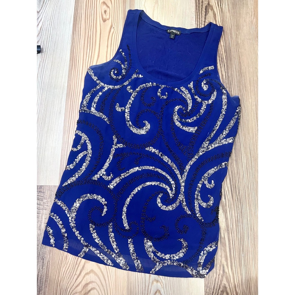 Express Womens Small Royal Blue Sequin Beaded Swirl Y2K Club Party Tank Top